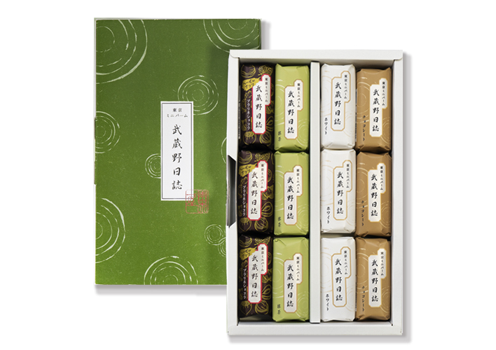 武蔵野日誌しあわせ（ﾁｮｺ･ﾎﾜｲﾄ･ﾌﾟﾗﾘﾈｼｮｺﾗ･宇治抹茶）　12個入