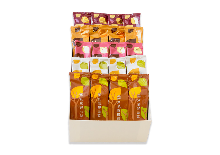 武蔵野日誌五撰(ﾁｮｺ･ﾎﾜｲﾄ･ｽﾄﾛﾍﾞﾘｰ･焦がしｷｬﾗﾒﾙ･あんﾊﾞﾀｰ）20個入