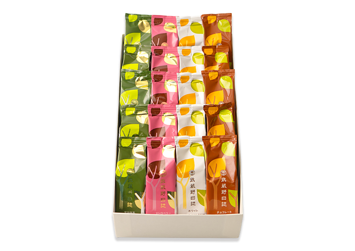 武蔵野日誌しあわせ（ﾁｮｺ･ﾎﾜｲﾄ･ｽﾄﾛﾍﾞﾘｰ･宇治抹茶）20個入